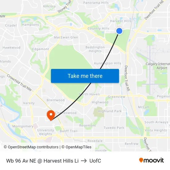 Wb 96 Av NE @ Harvest Hills Li to UofC map