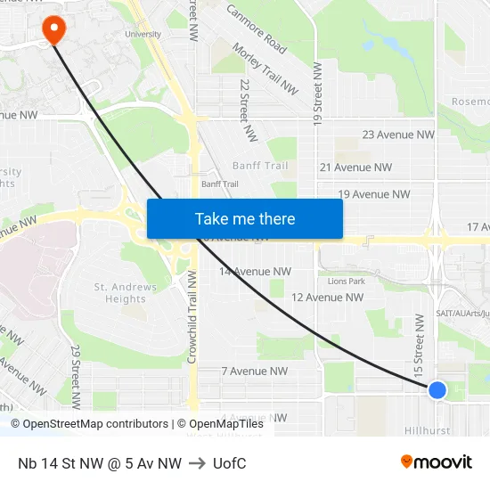 Nb 14 St NW @ 5 Av NW to UofC map