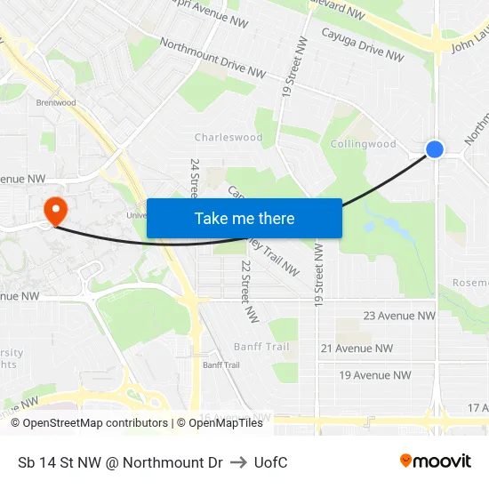 Sb 14 St NW @ Northmount Dr to UofC map