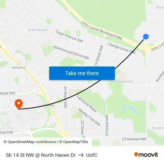 Sb 14 St NW @ North Haven Dr to UofC map