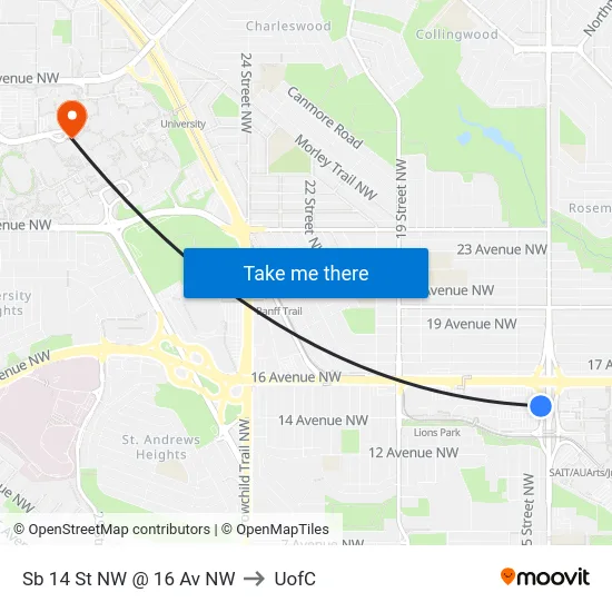 Sb 14 St NW @ 16 Av NW to UofC map