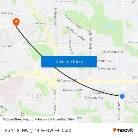 Sb 14 St NW @ 14 Av NW to UofC map