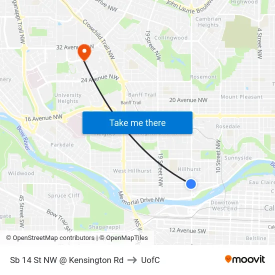 Sb 14 St NW @ Kensington Rd to UofC map