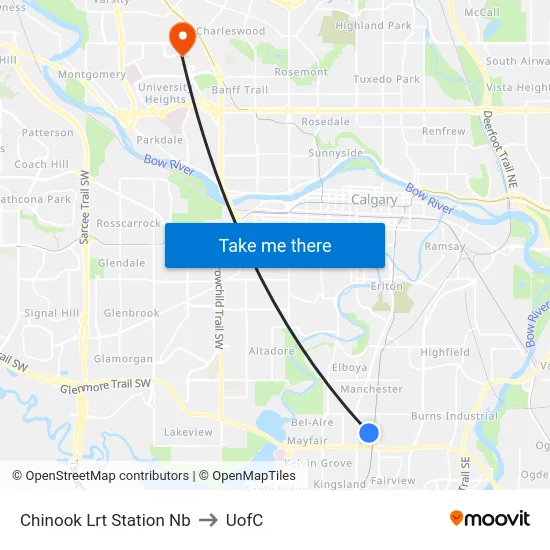 Chinook Lrt Station Nb to UofC map