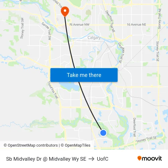 Sb Midvalley Dr @ Midvalley Wy SE to UofC map