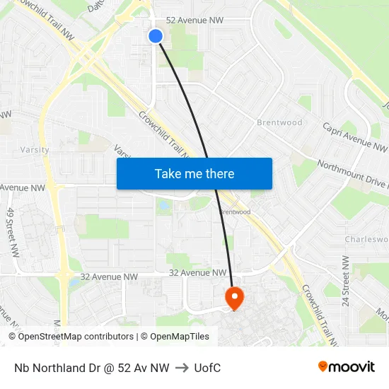 Nb Northland Dr @ 52 Av NW to UofC map