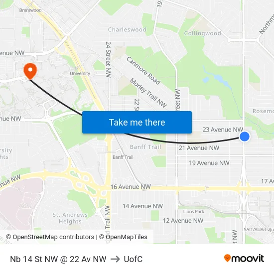 Nb 14 St NW @ 22 Av NW to UofC map