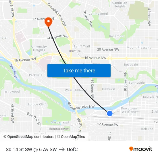 Sb 14 St SW @ 6 Av SW to UofC map
