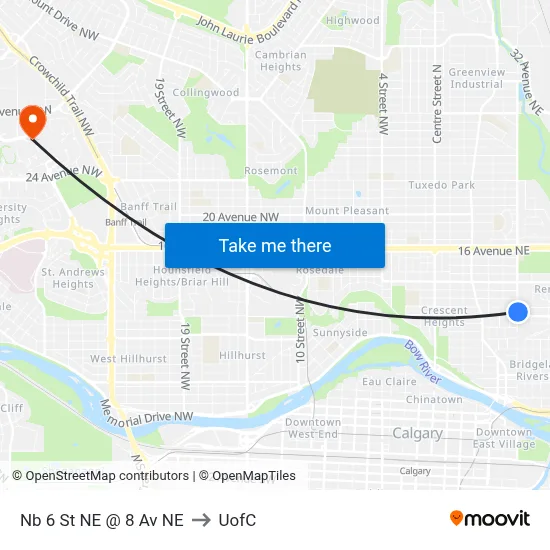 Nb 6 St NE @ 8 Av NE to UofC map