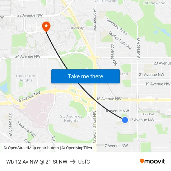 Wb 12 Av NW @ 21 St NW to UofC map