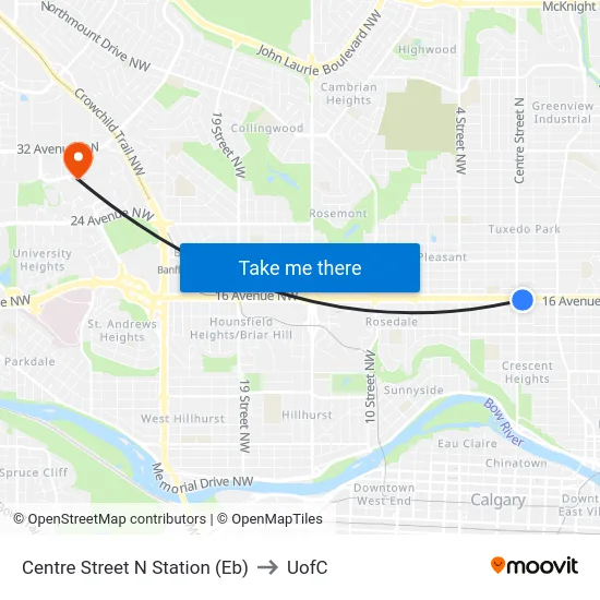Centre Street N Station (Eb) to UofC map