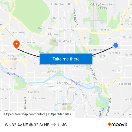 Wb 32 Av NE @ 32 St NE to UofC map