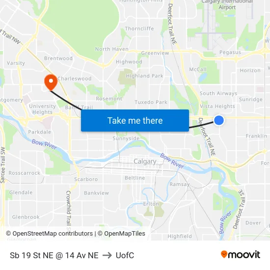 Sb 19 St NE @ 14 Av NE to UofC map