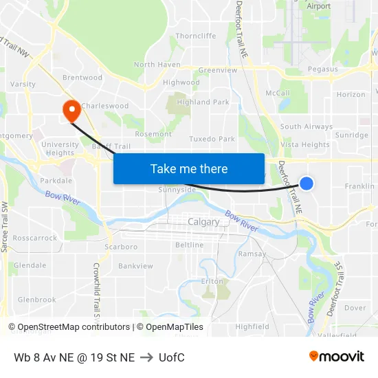 Wb 8 Av NE @ 19 St NE to UofC map