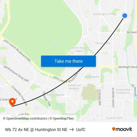 Wb 72 Av NE @ Huntington St NE to UofC map