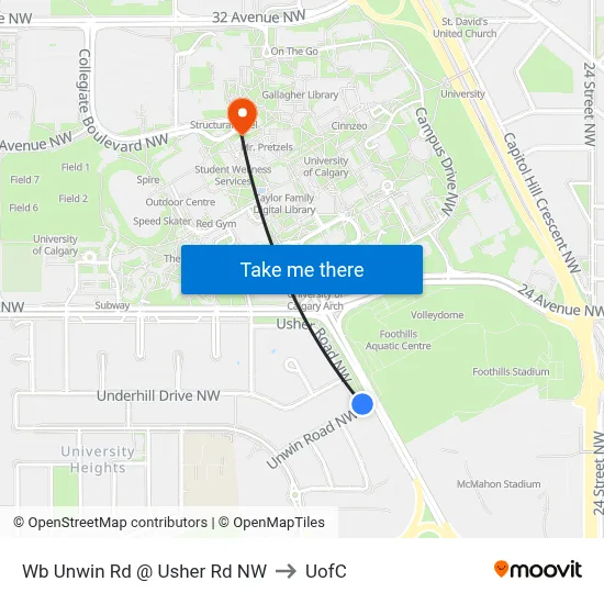 Wb Unwin Rd @ Usher Rd NW to UofC map