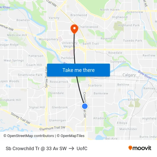 Sb Crowchild Tr @ 33 Av SW to UofC map