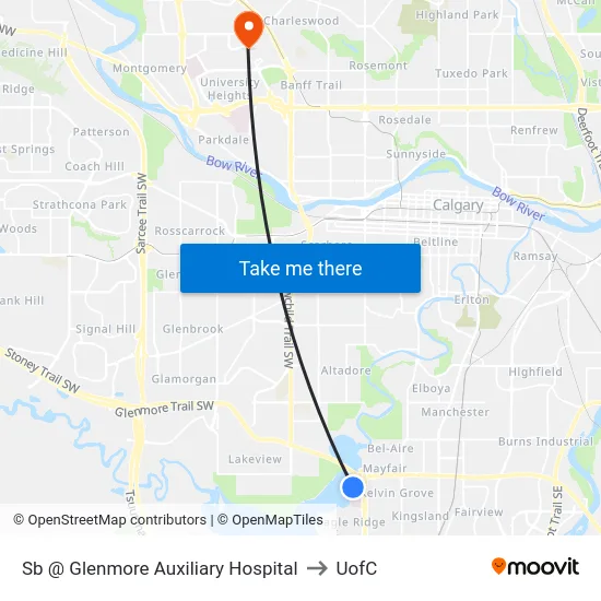 Sb @ Glenmore Auxiliary Hospital to UofC map