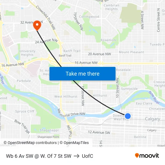 Wb 6 Av SW @ W. Of 7 St SW to UofC map