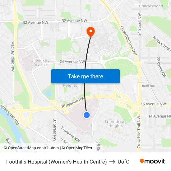 Foothills Hospital (Women's Health Centre) to UofC map