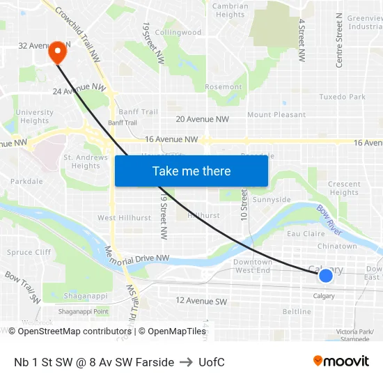 Nb 1 St SW @ 8 Av SW Farside to UofC map