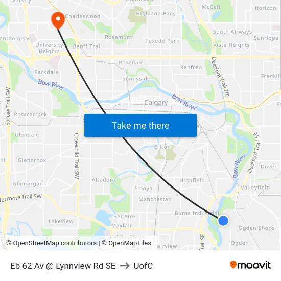 Eb 62 Av @ Lynnview Rd SE to UofC map