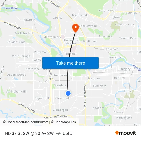 Nb 37 St SW @ 30 Av SW to UofC map