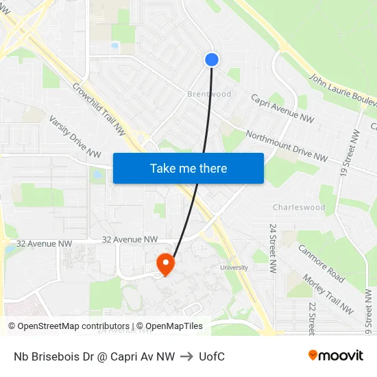 Nb Brisebois Dr @ Capri Av NW to UofC map