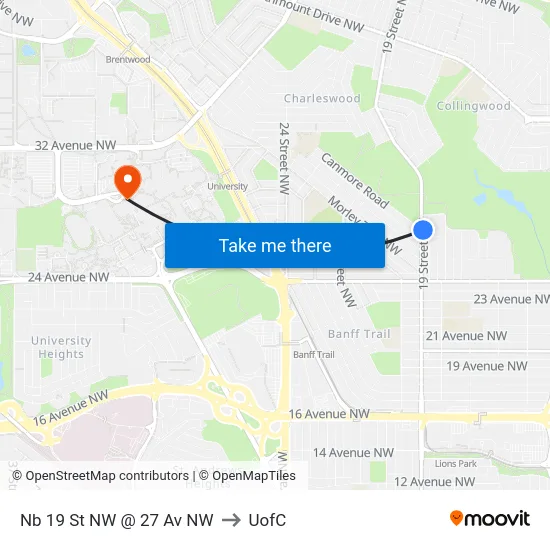 Nb 19 St NW @ 27 Av NW to UofC map