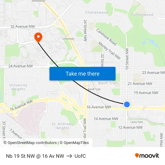 Nb 19 St NW @ 16 Av NW to UofC map
