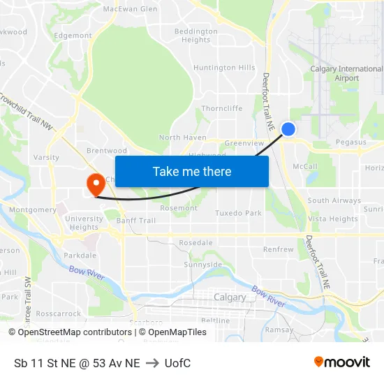 Sb 11 St NE @ 53 Av NE to UofC map
