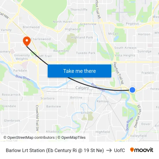 Barlow Lrt Station (Eb Century Ri @ 19 St Ne) to UofC map