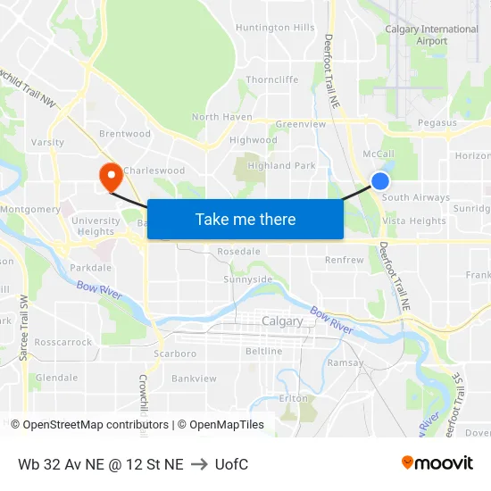 Wb 32 Av NE @ 12 St NE to UofC map