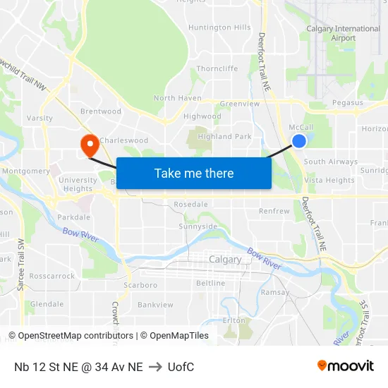 Nb 12 St NE @ 34 Av NE to UofC map