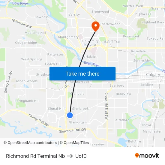 Richmond Rd Terminal Nb to UofC map