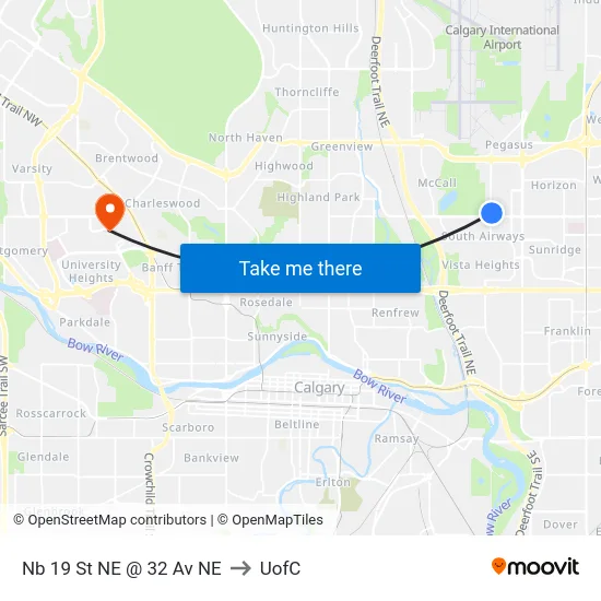 Nb 19 St NE @ 32 Av NE to UofC map