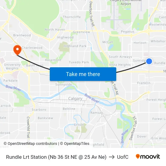 Rundle Lrt Station (Nb 36 St NE @ 25 Av Ne) to UofC map