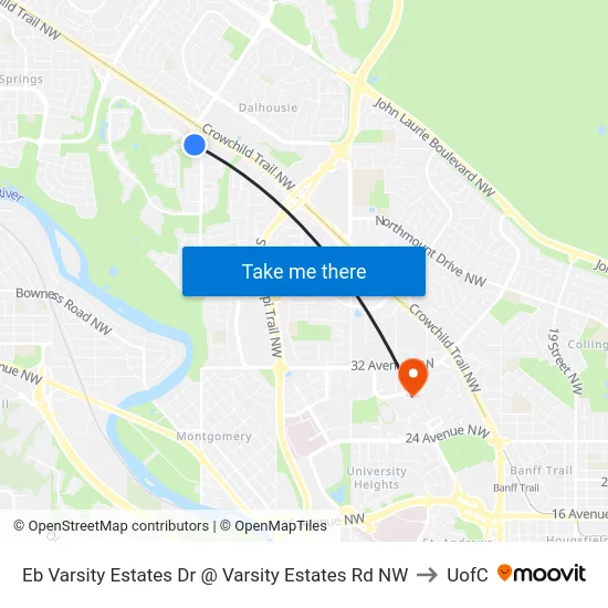 Eb Varsity Estates Dr @ Varsity Estates Rd NW to UofC map