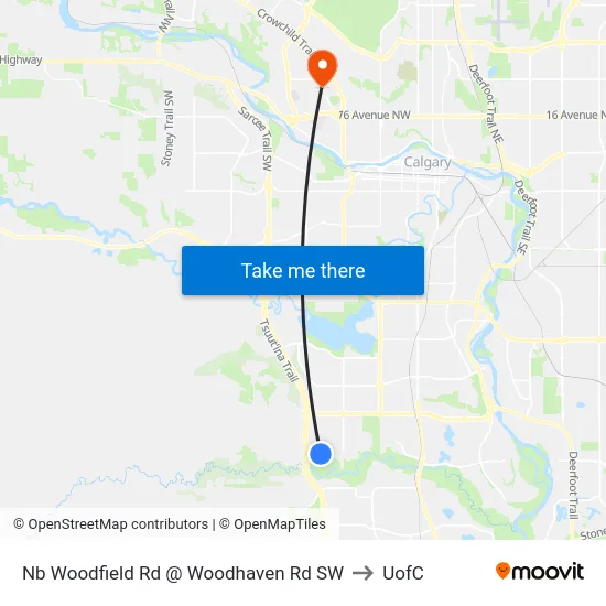 Nb Woodfield Rd @ Woodhaven Rd SW to UofC map