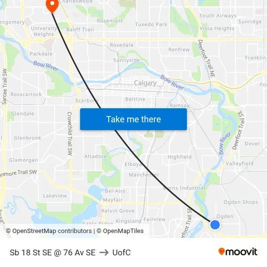 Sb 18 St SE @ 76 Av SE to UofC map