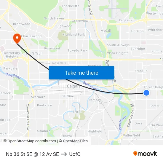 Nb 36 St SE @ 12 Av SE to UofC map