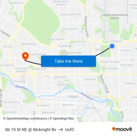 Sb 19 St NE @ Mcknight Bv to UofC map