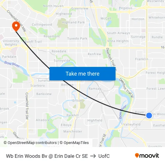 Wb Erin Woods Bv @ Erin Dale Cr SE to UofC map