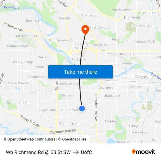 Wb Richmond Rd @ 33 St SW to UofC map