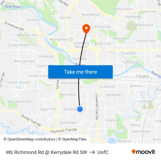 Wb Richmond Rd @ Kerrydale Rd SW to UofC map