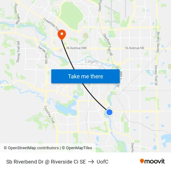 Sb Riverbend Dr @ Riverside Ci SE to UofC map