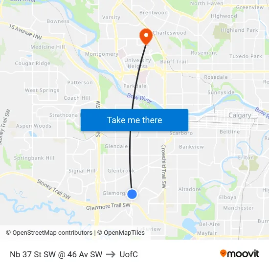 Nb 37 St SW @ 46 Av SW to UofC map