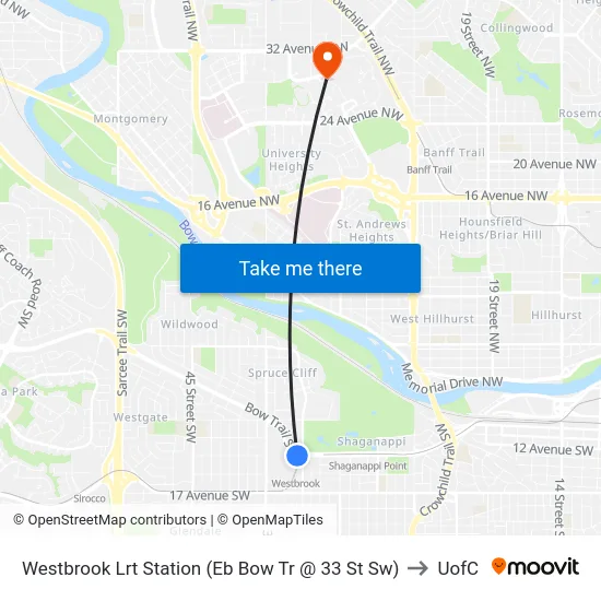 Westbrook Lrt Station (Eb Bow Tr @ 33 St Sw) to UofC map