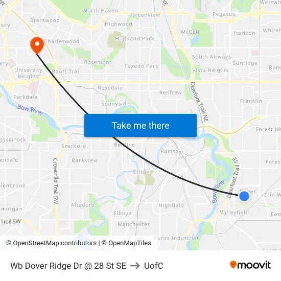 Wb Dover Ridge Dr @ 28 St SE to UofC map