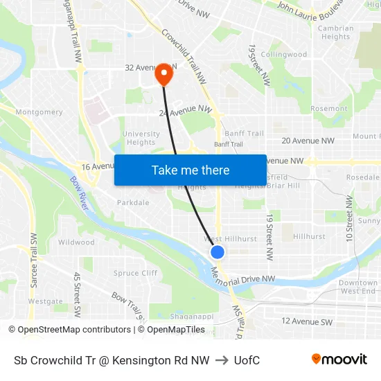 Sb Crowchild Tr @ Kensington Rd NW to UofC map